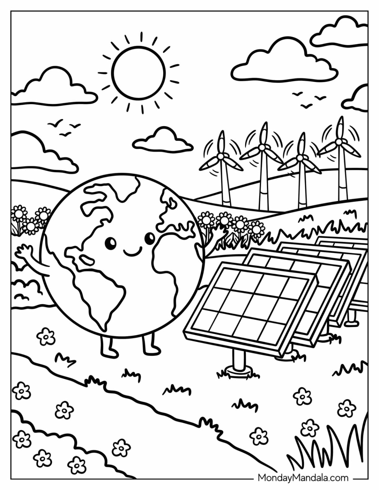 Earth Visiting a Solar and Wind Energy Farm Coloring Sheet