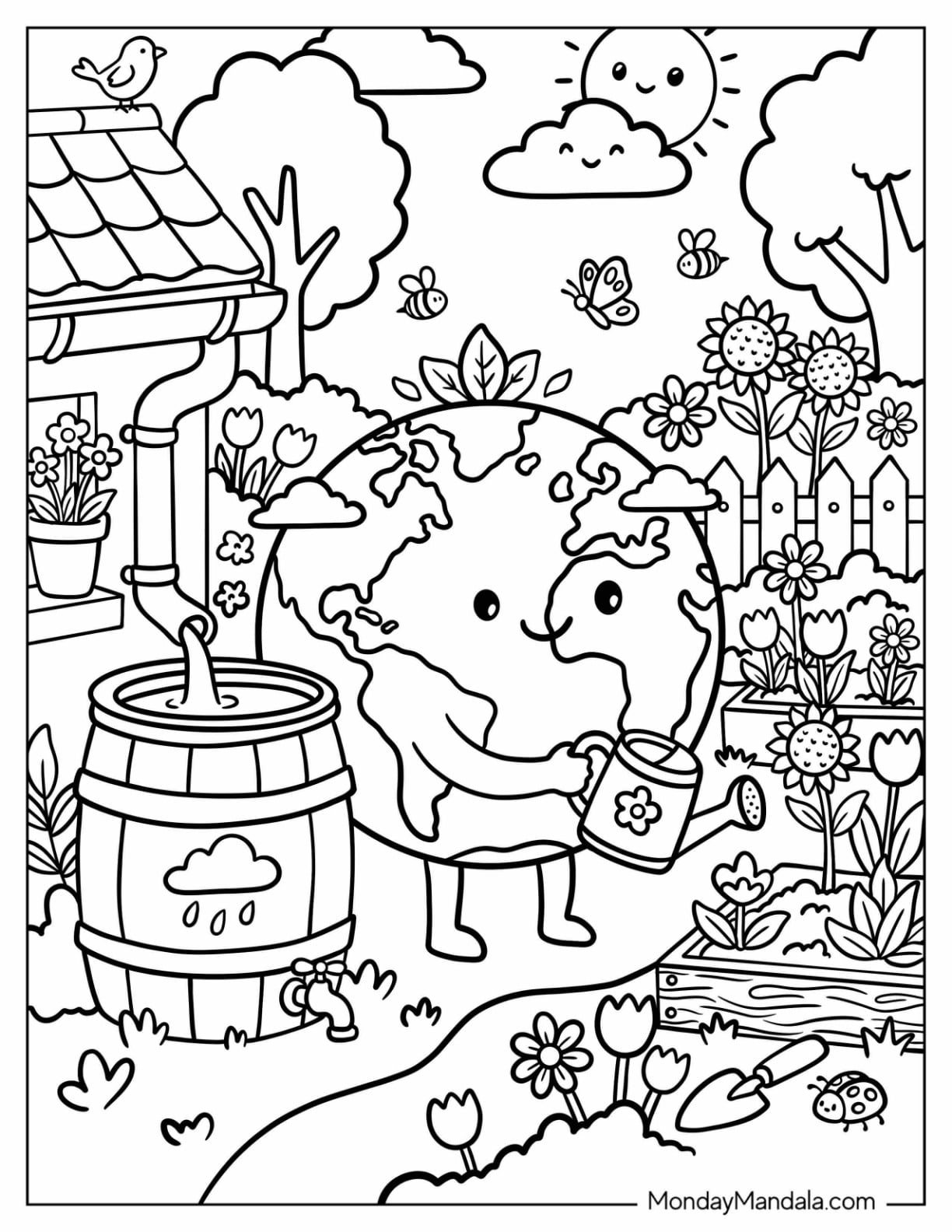 Earth Watering Flowers in a Thriving Garden Coloring Page