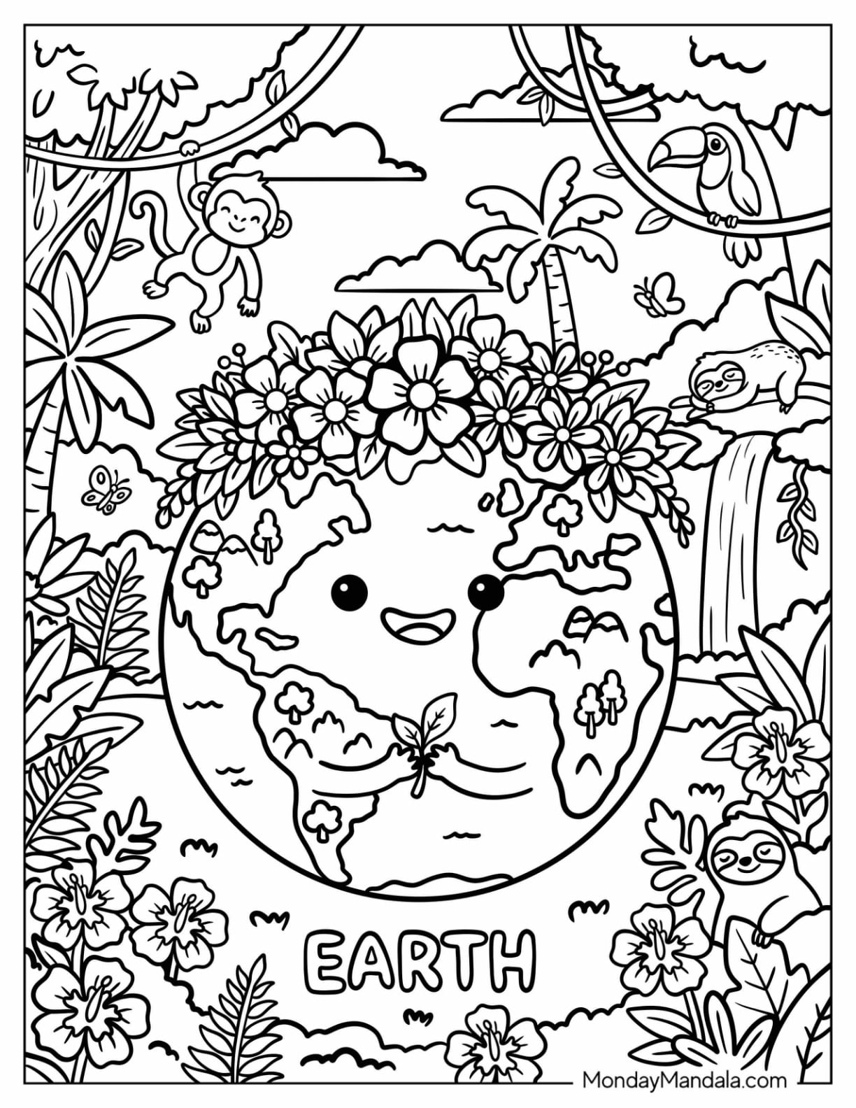 Earth Wearing a Flower Crown Among Tropical Animals Coloring Sheet