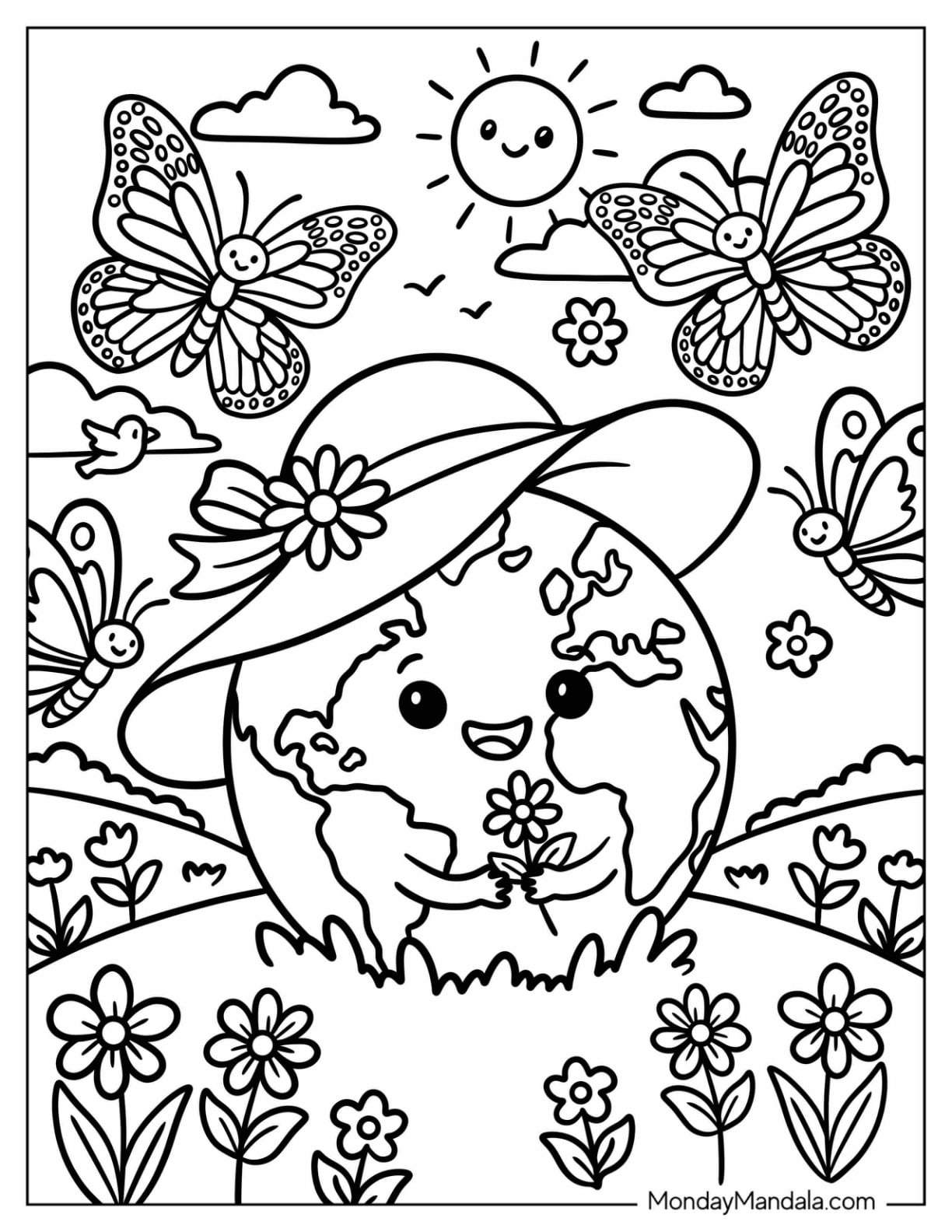 Earth Wearing a Sun Hat in a Butterfly Garden Coloring Page for Kids