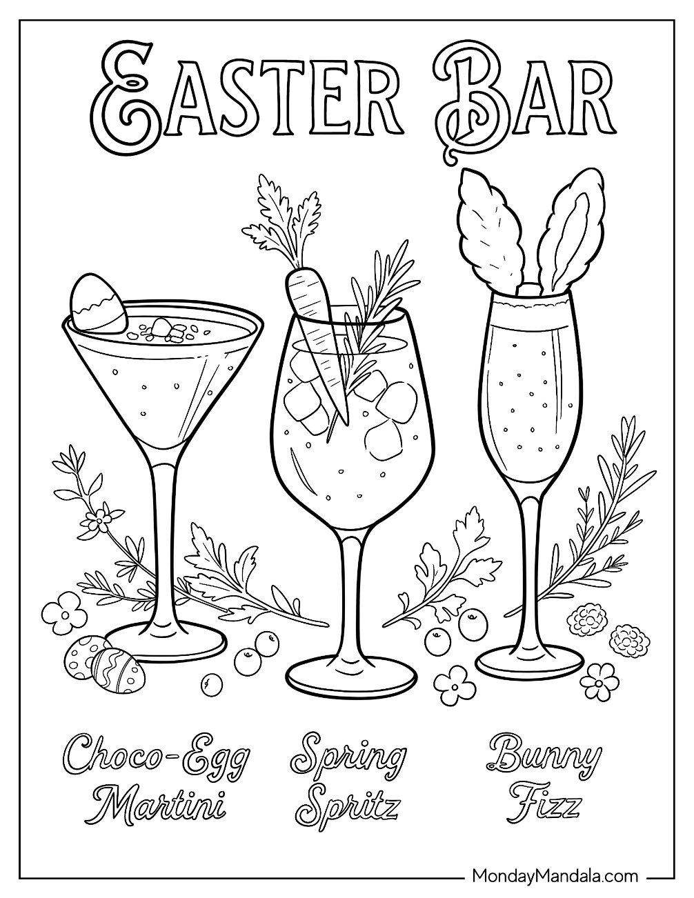 Easter For Adults Coloring Page of Easter Bar with Three Cocktails Coloring Sheet