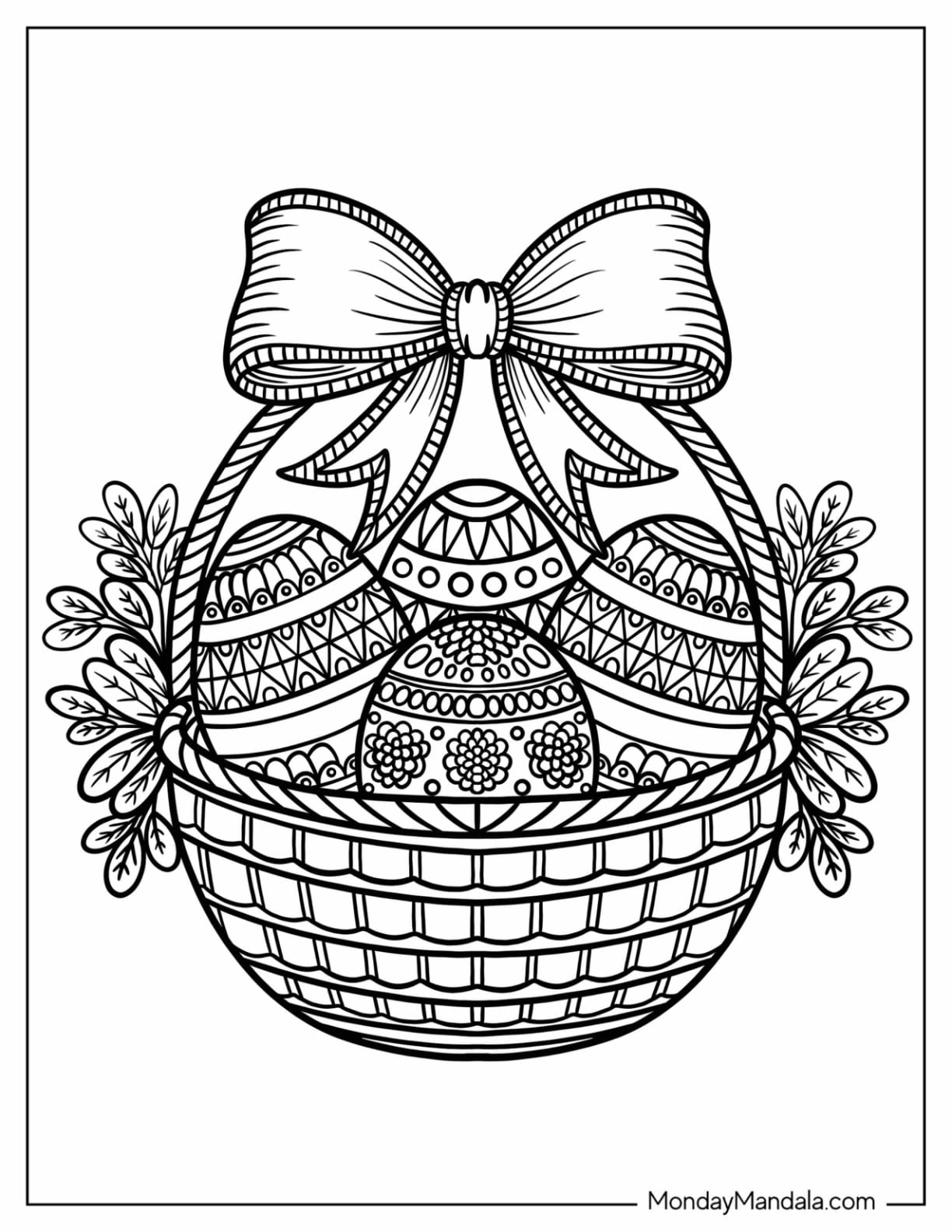 Easter Mandala Coloring Page of Basket with Patterned Eggs and Large Bow
