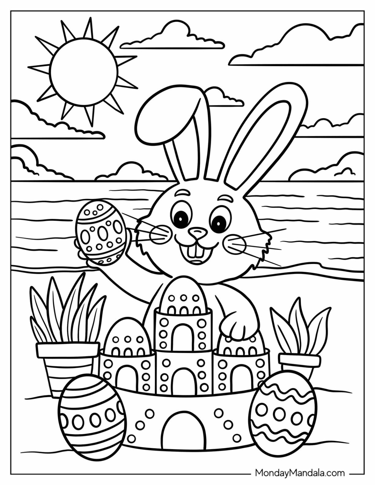 Easter Bunny Coloring Page Building a Sandcastle with Easter Eggs on Sunny Day for Kids
