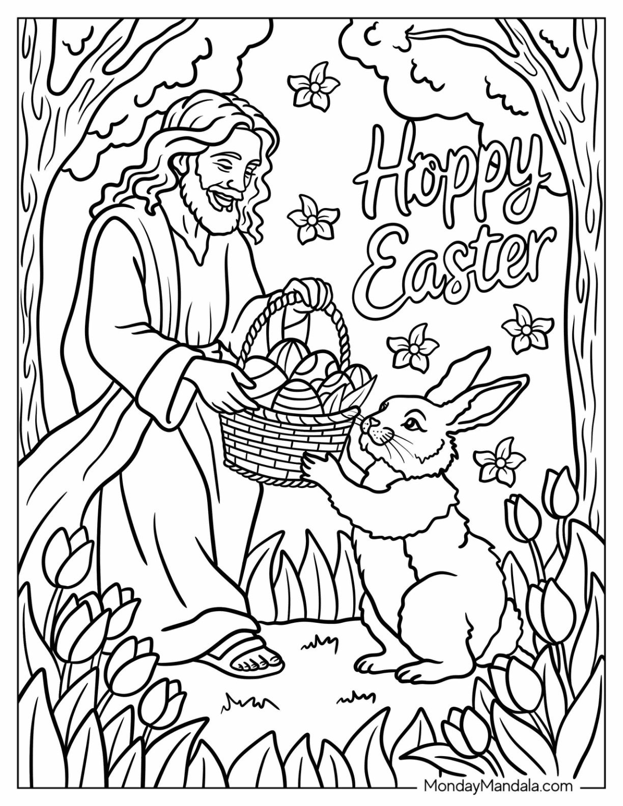 Easter Coloring Page of Bunny Handing Easter Eggs to Jesus