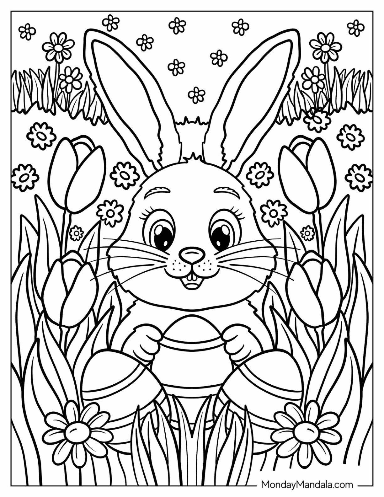 Easter Bunny Coloring Page Holding an Egg Among Tulips for Kids