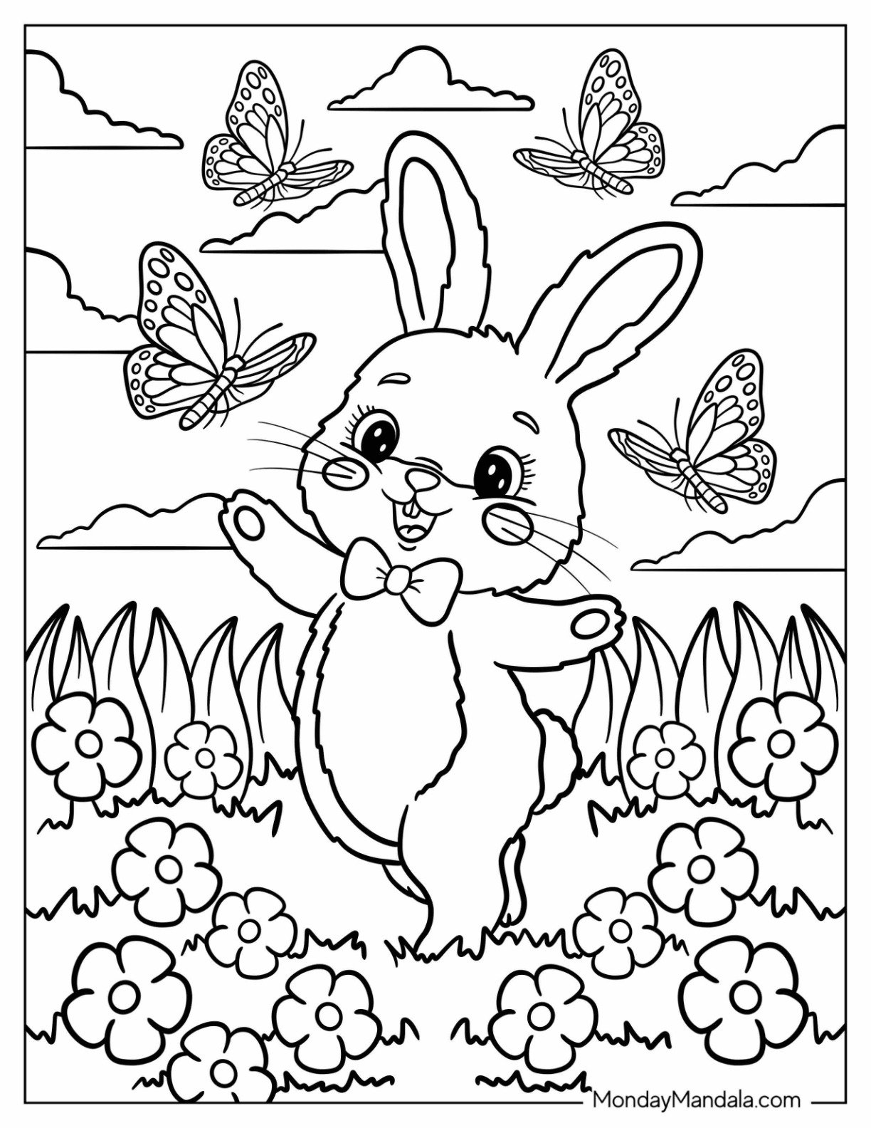 Easter Bunny Coloring Page Joyfully Dancing Among Butterflies in a Meadow for Kids