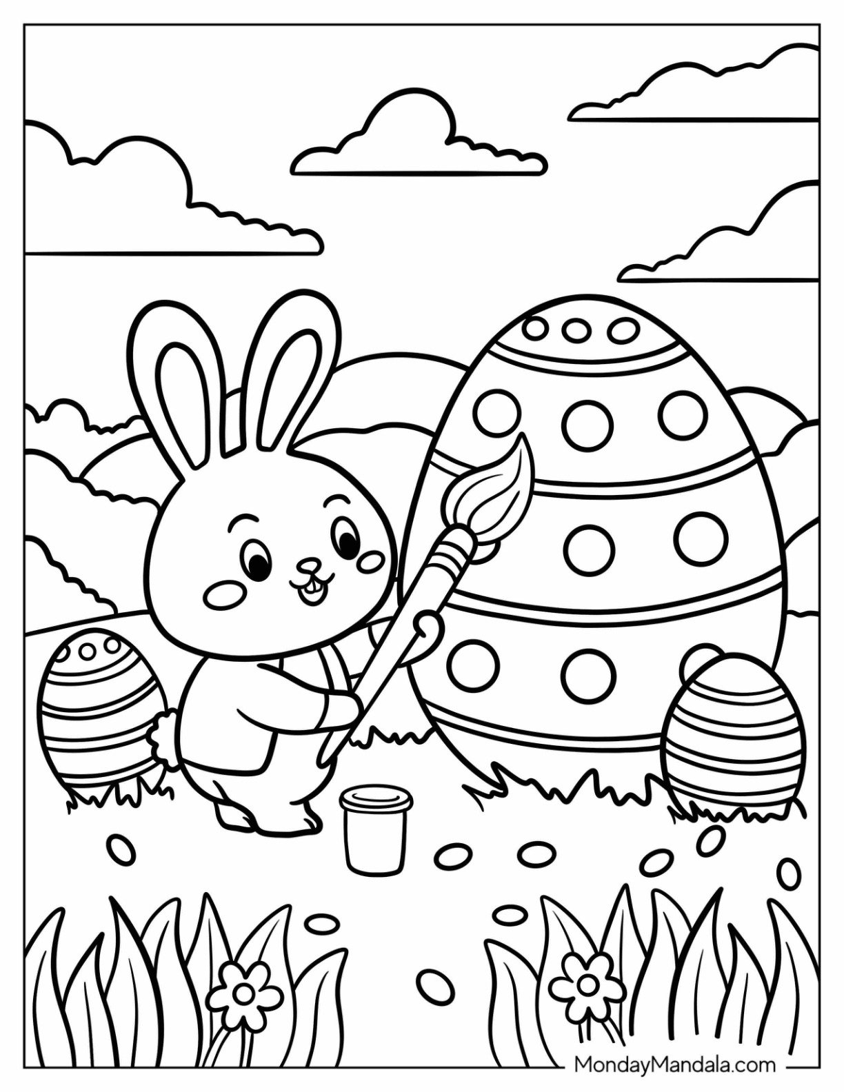 Easter Bunny Coloring Page Painting a Giant Egg with Large Paintbrush for Kids