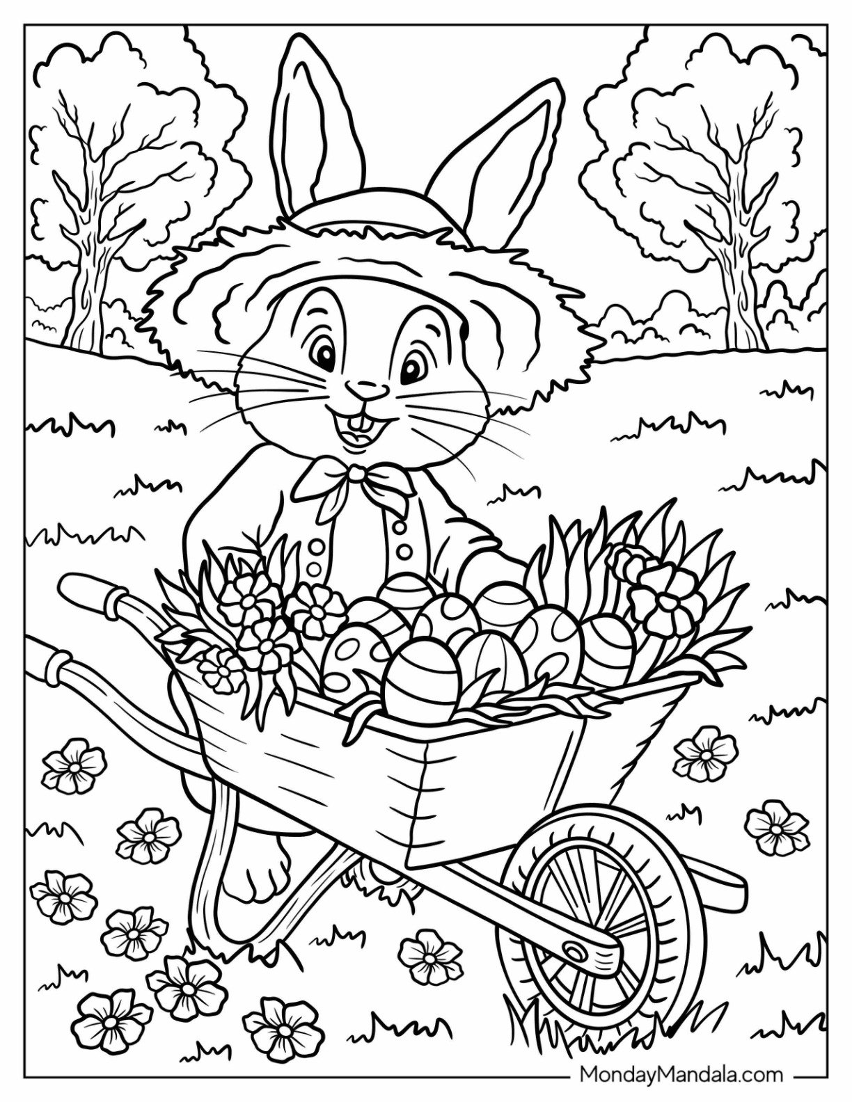 Easter Bunny Coloring Page Pushing Wheelbarrow of Eggs and Flowers