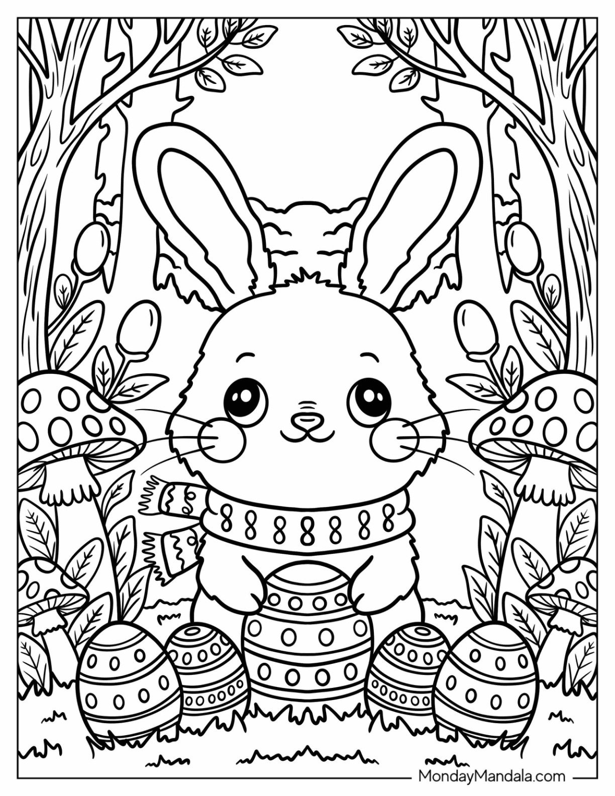 Easter Bunny Coloring Page Sitting in a Forest with Mushrooms, Trees, and Decorated Eggs
