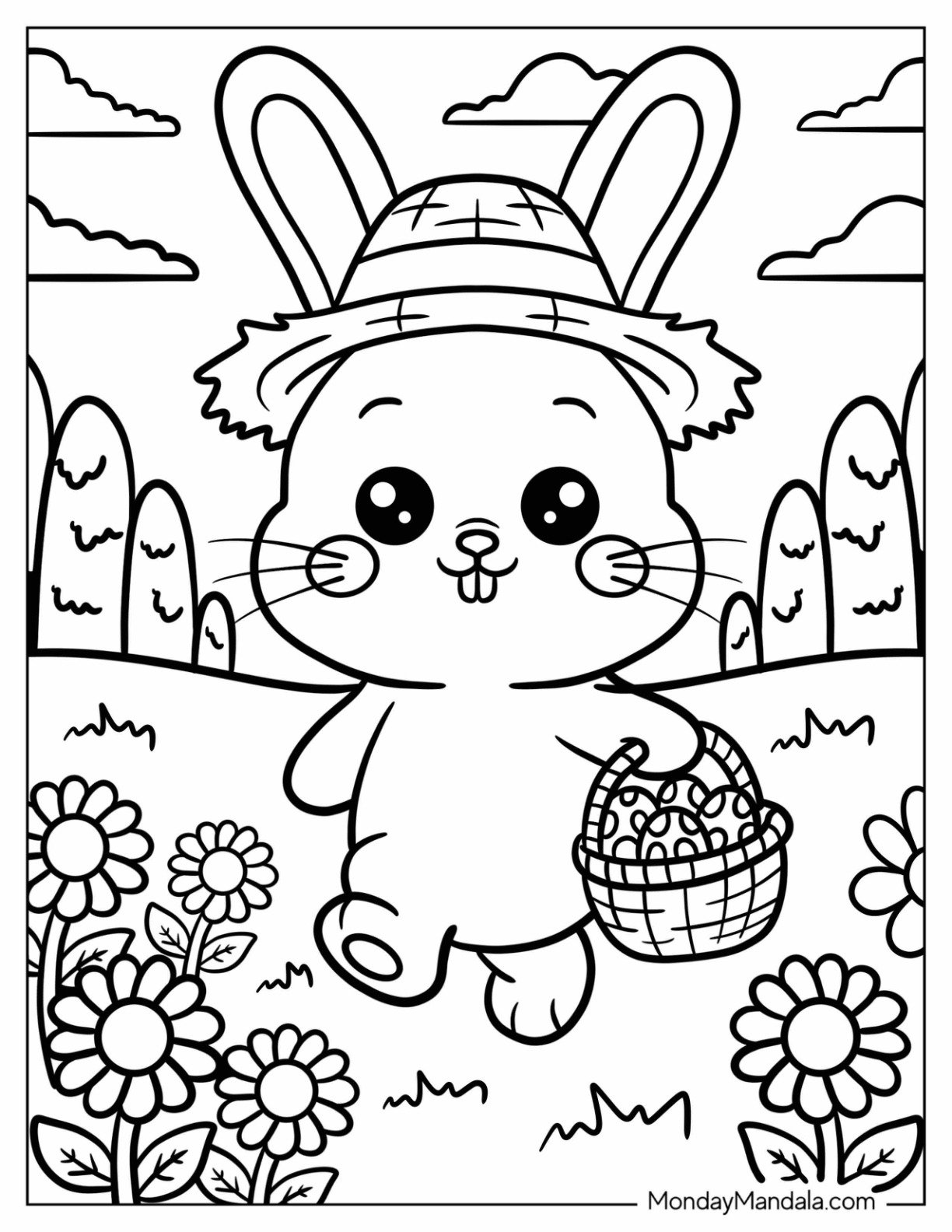 Easter Bunny Coloring Page Strolling Through Spring Flowers with a Basket for Preschoolers