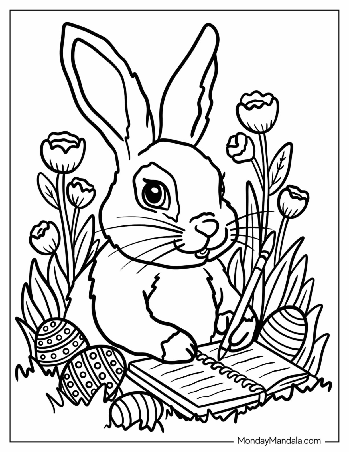 Easter Bunny Coloring Page Writing in a Journal with Decorated Eggs and Spring Flowers for Kids