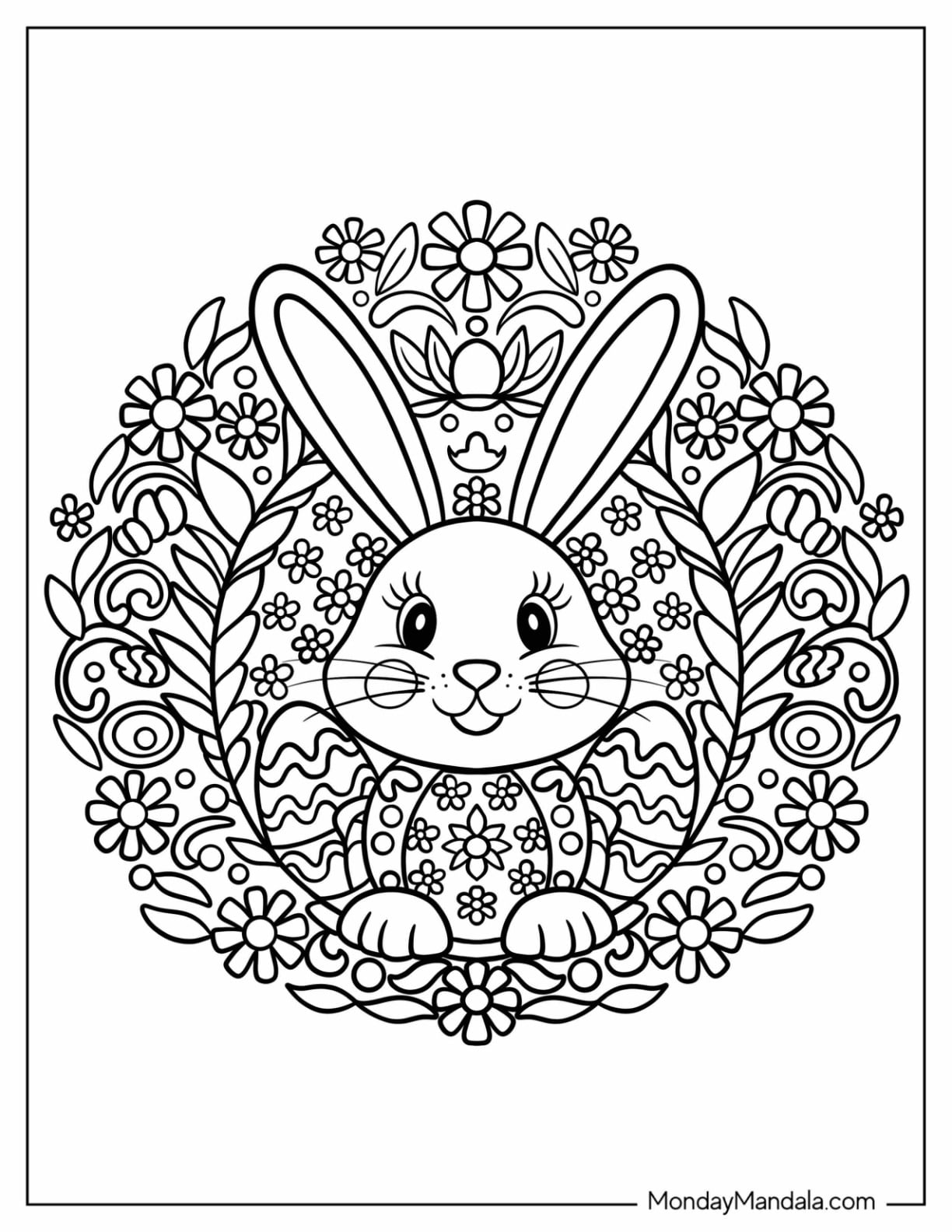 Easter Mandala Coloring Page of Bunny and Egg Wreath Mandala