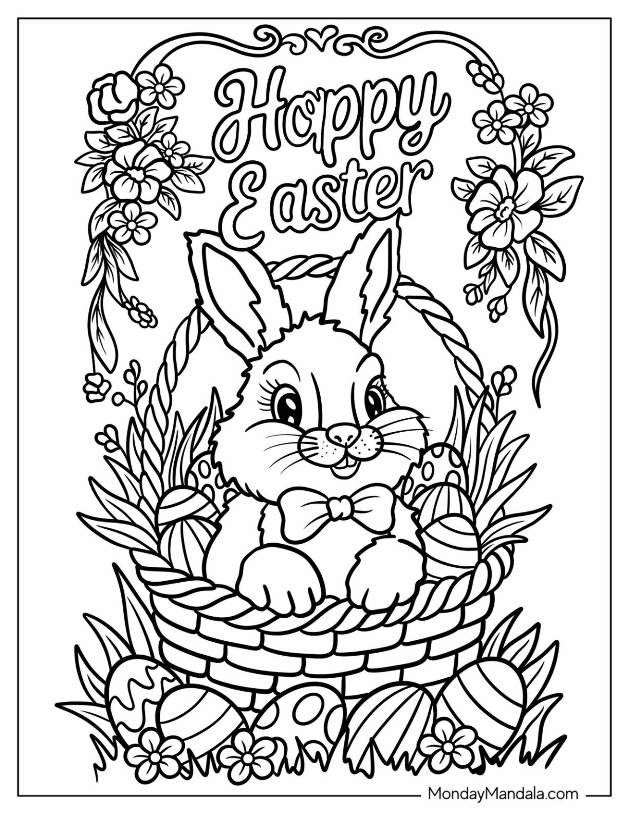 Easter Coloring Page of Bunny in a Basket Surrounded by Easter Eggs