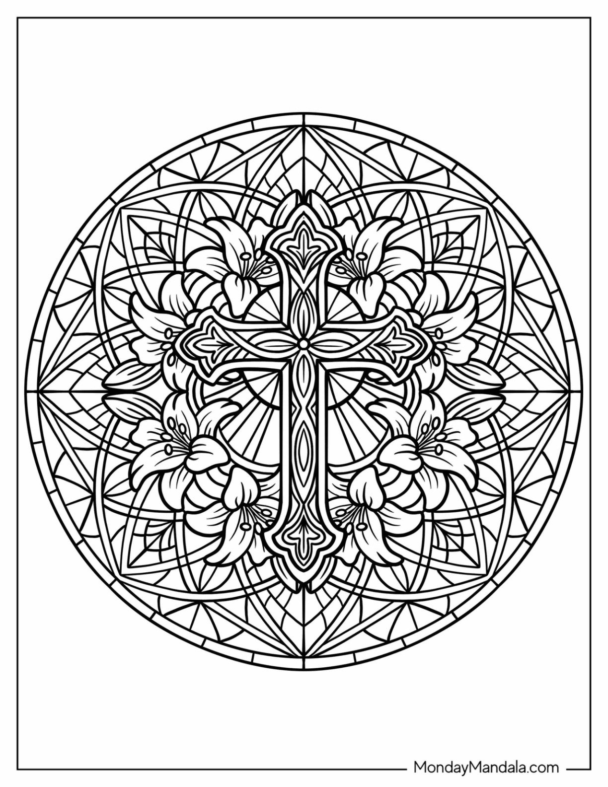 Easter Mandala Coloring Page of Cross Floral Mandala with Geometric Background