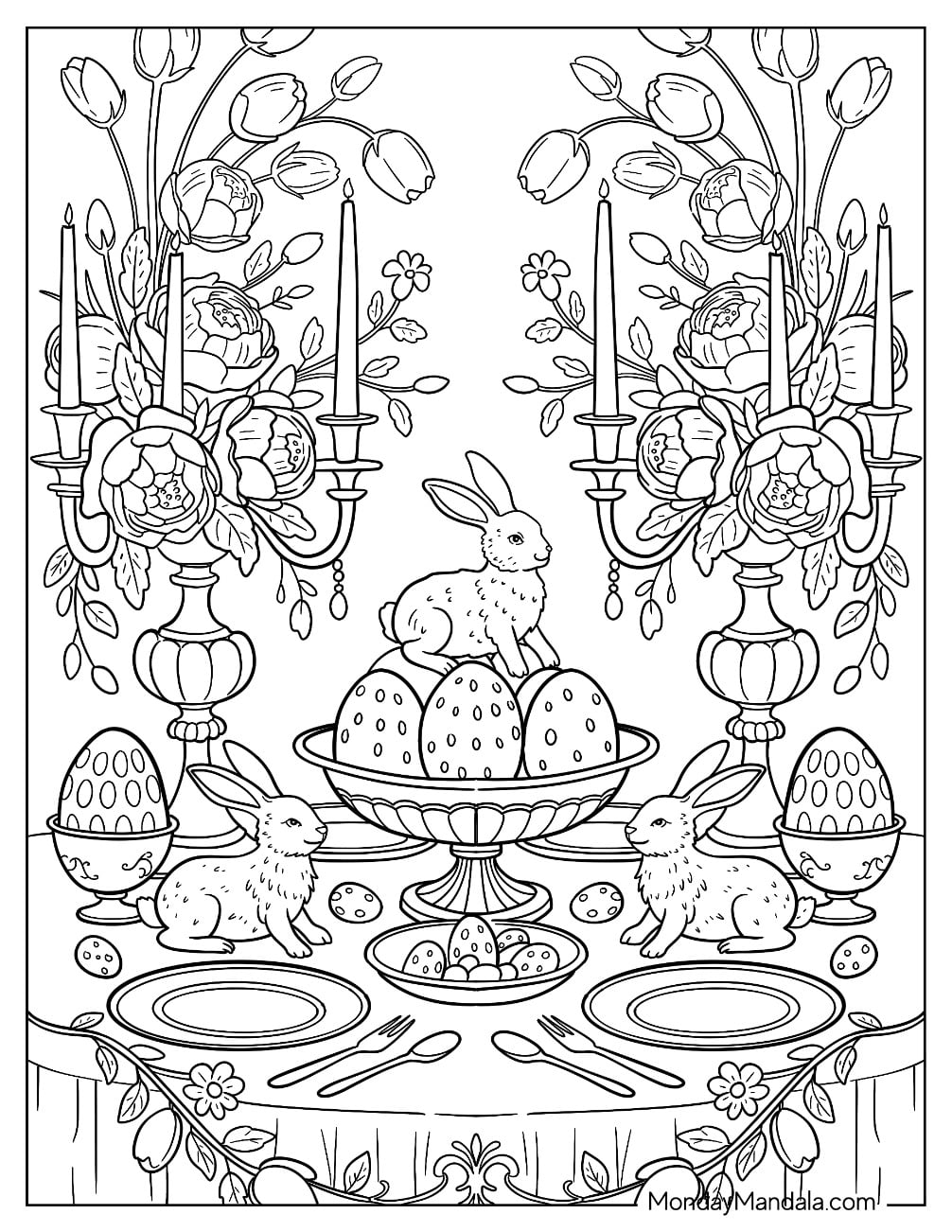 Easter For Adults Coloring Page of Easter Dining Table with Candelabra and Flowers