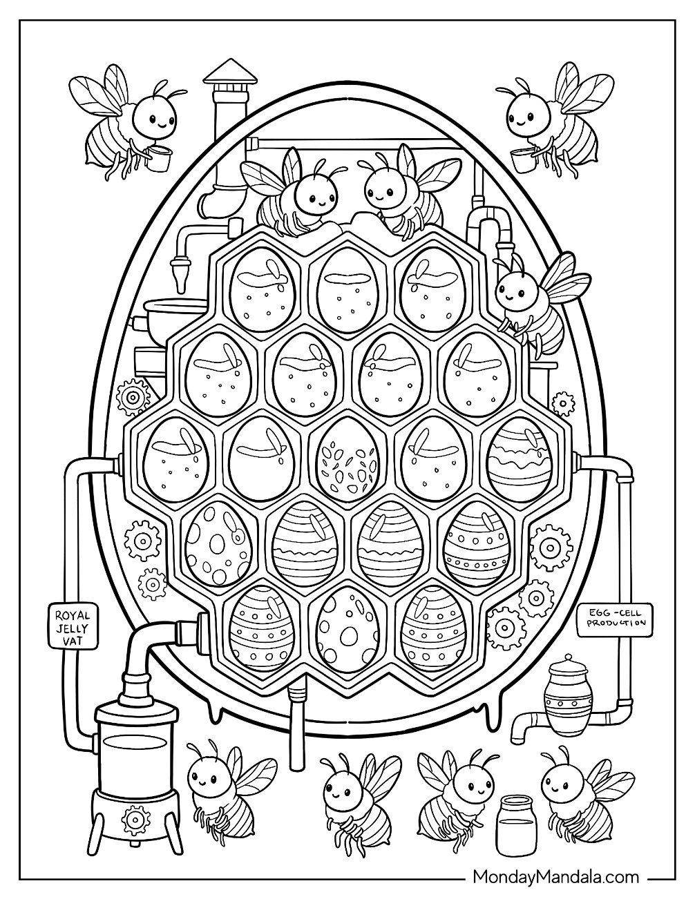 Easter For Adults Coloring Page of Easter Egg Beehive with Bees Collecting Honey