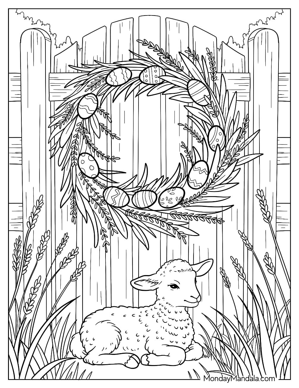 Easter For Adults Coloring Page of Easter Egg Wreath on Door with Baby Lamb