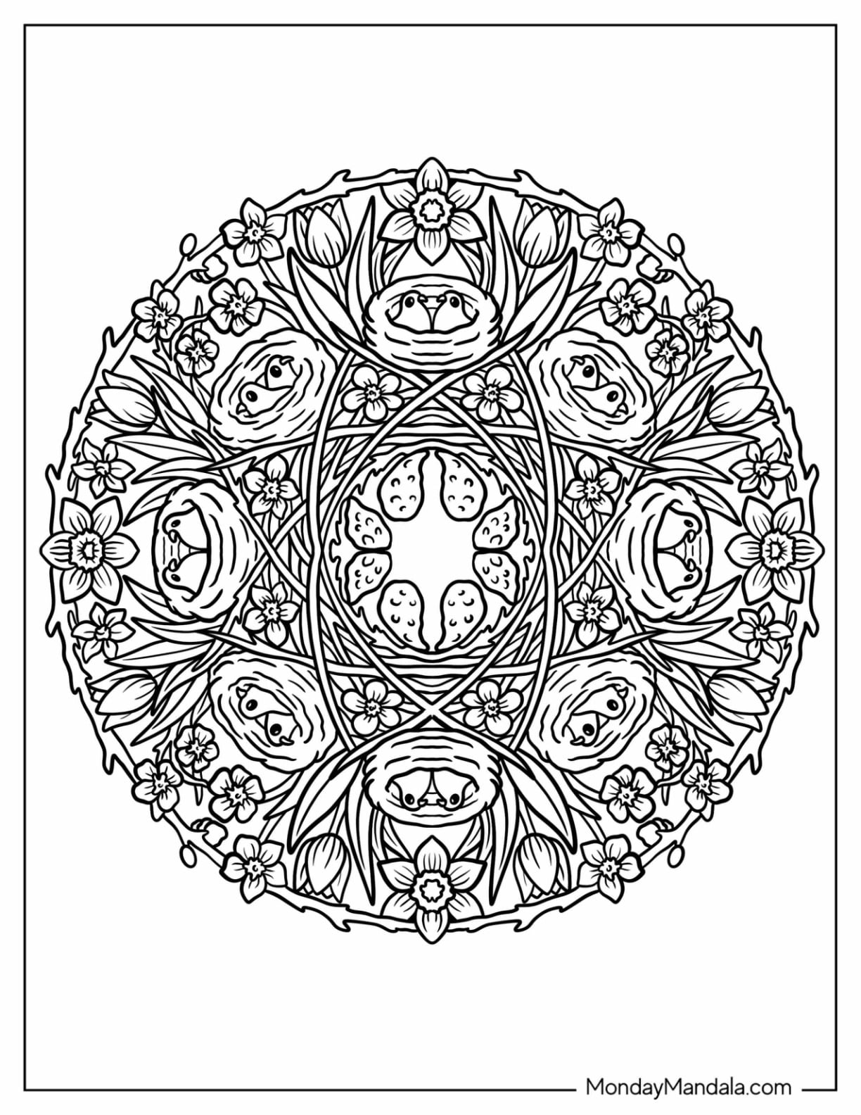 Easter Mandala Coloring Page of Birds and Nests