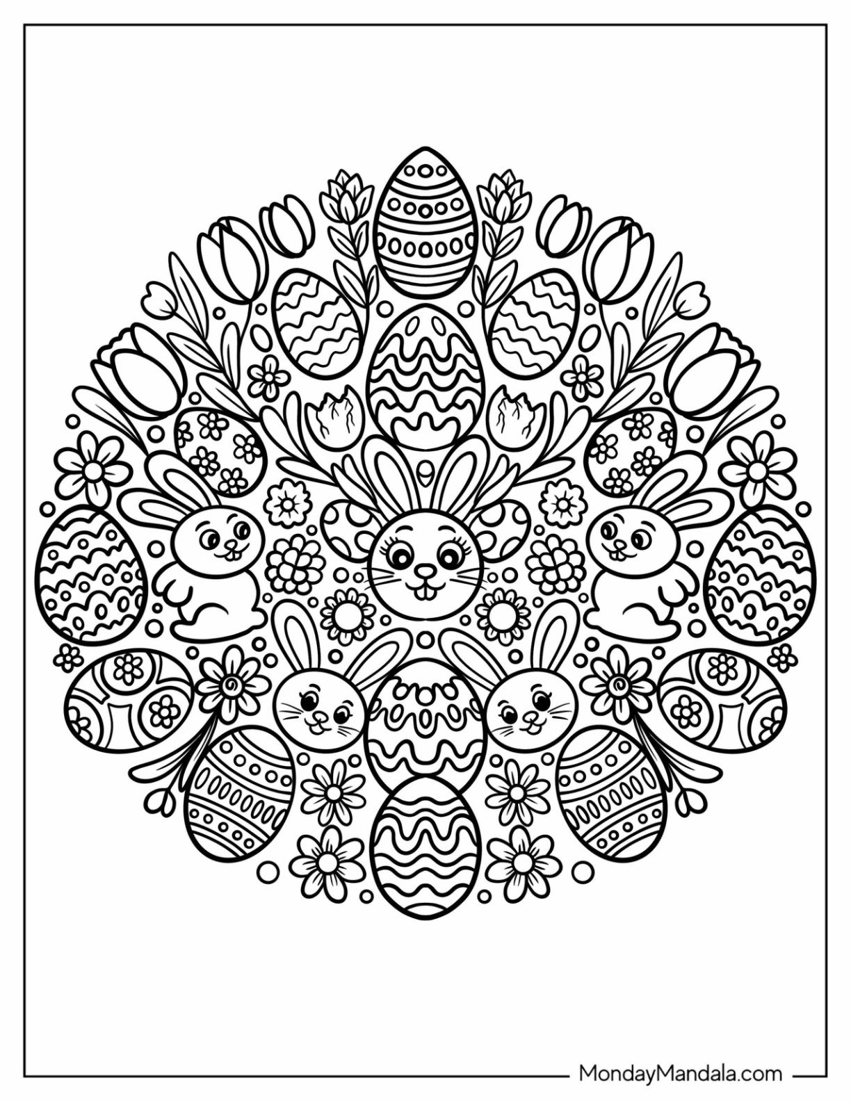 Easter Coloring Page of Mandala with Bunnies, Eggs, and Flowers