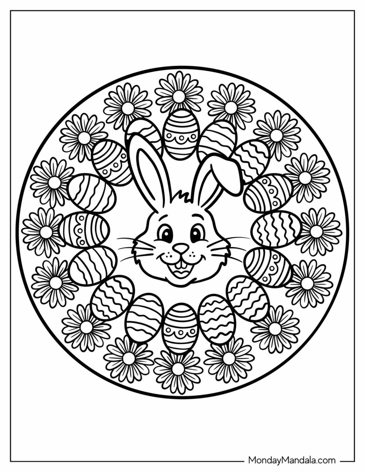 Easter Mandala Coloring Page of Mandala with Bunny, Eggs, and Flowers for Kids
