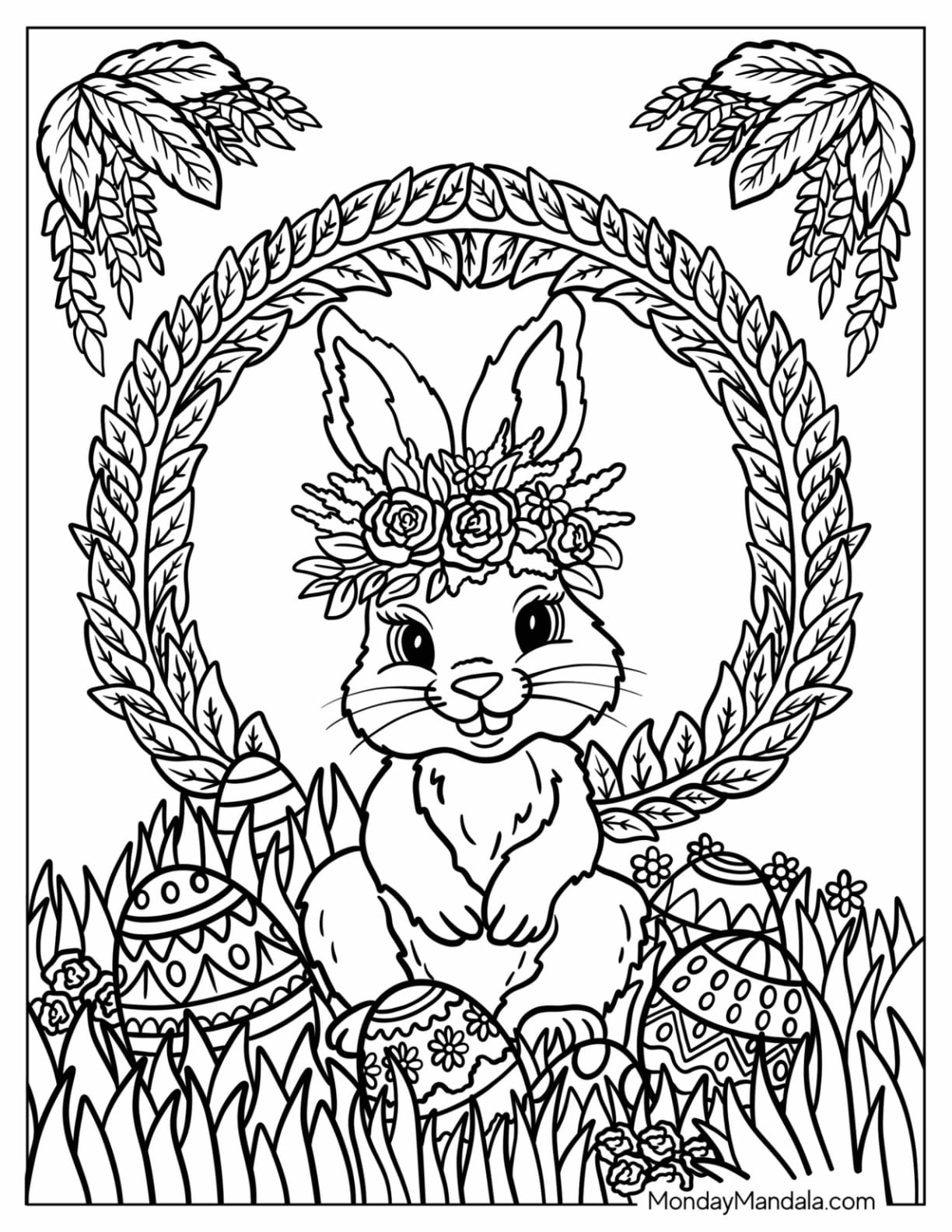 Easter Mandala Coloring Page of Bunny and Decorated Eggs