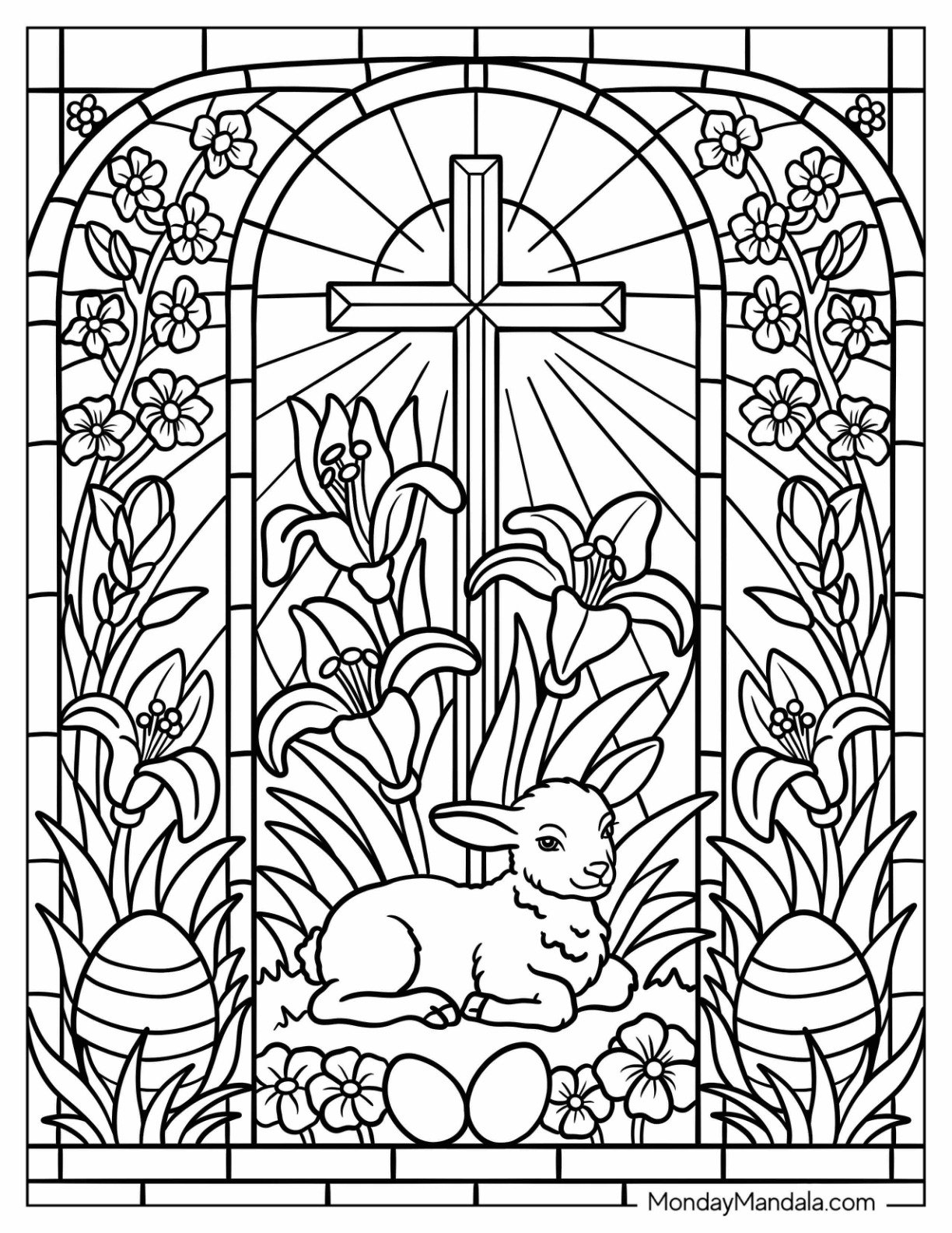 Easter Coloring Page of Stained Glass with Cross, Flowers, Baby Lamb, and Eggs