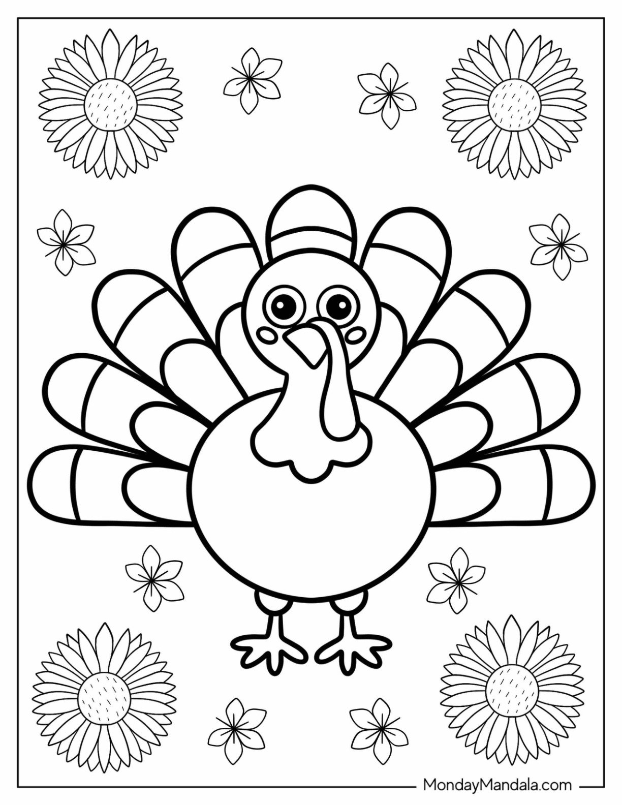 Easy Adorable Turkey Coloring Page with Flowers for Preschoolers