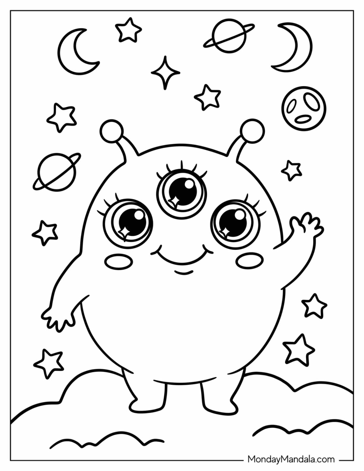 Easy Alien with Three Eyes Coloring Sheet for Preschoolers