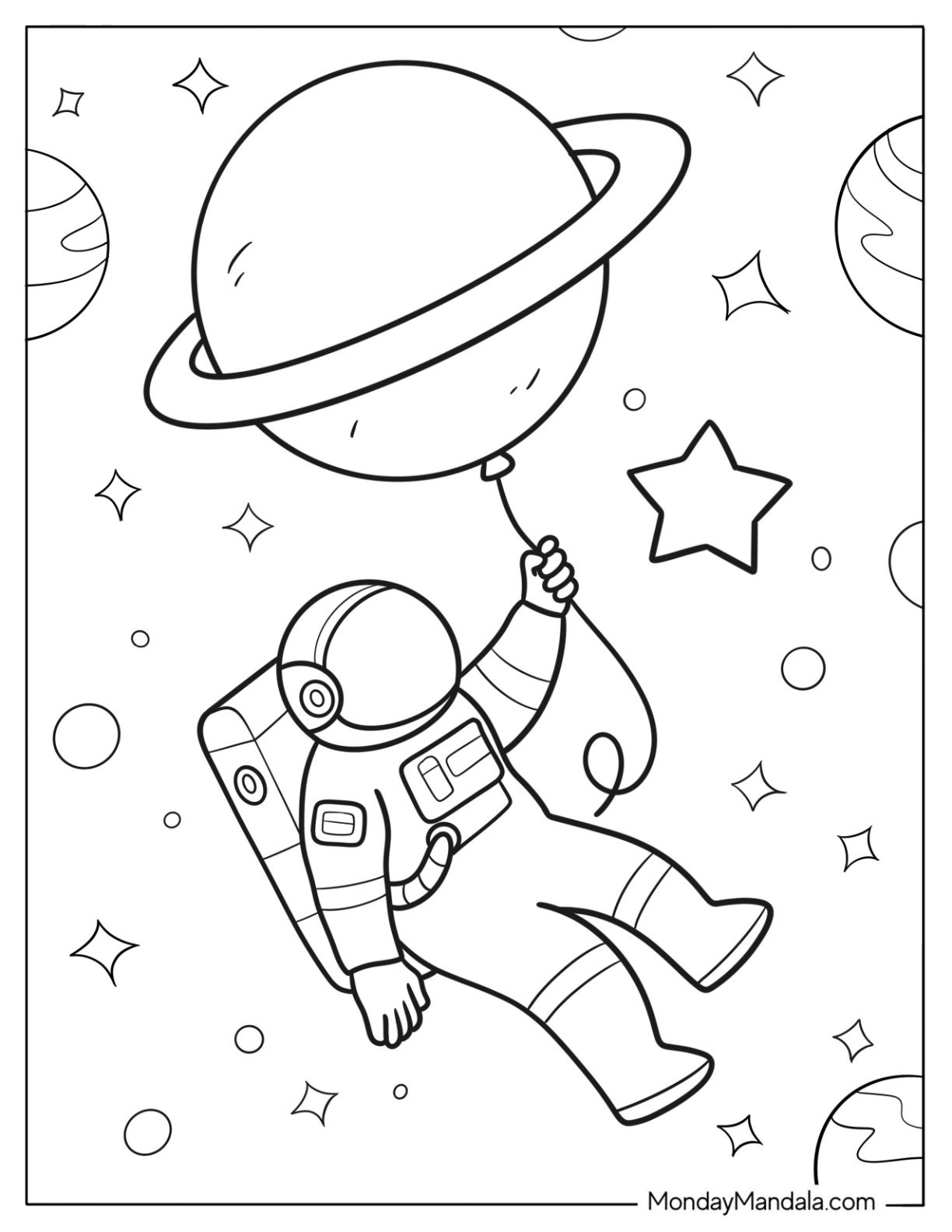 Easy Astronaut Floating with Saturn Balloon in Outer Space Coloring Sheet For Kids