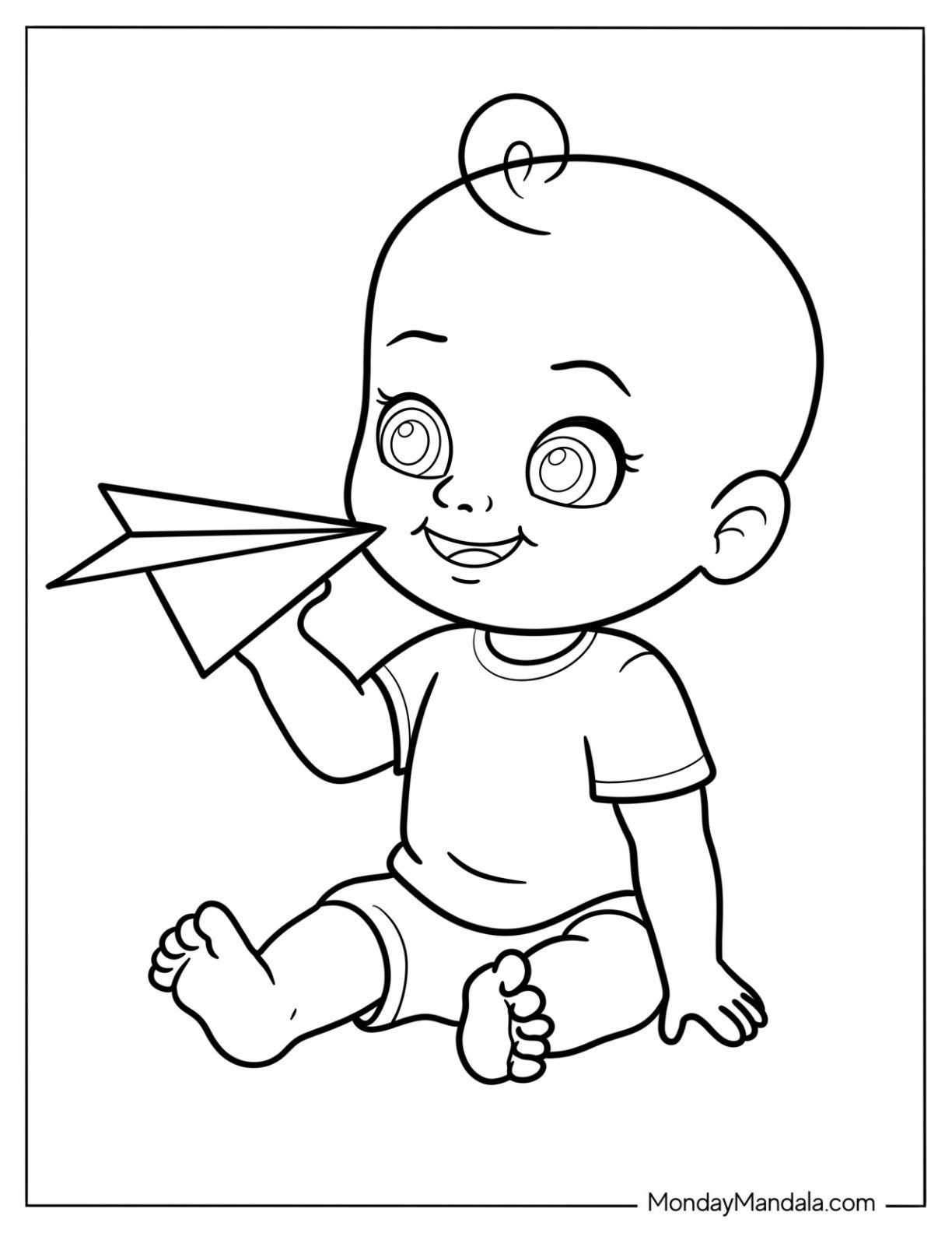 Easy Baby Coloring Page Holding A Paper Airplane
