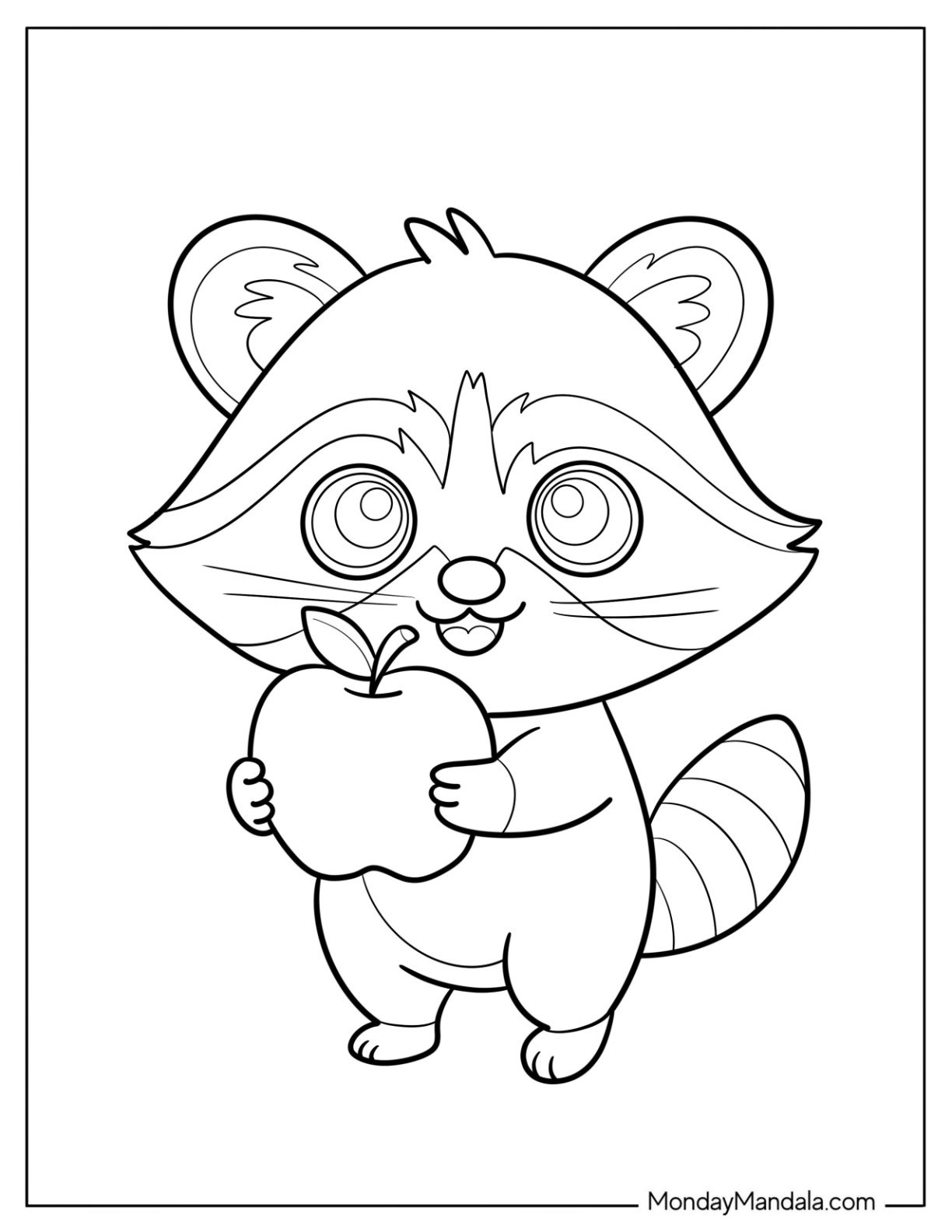 Easy Baby Raccoon Coloring Page Holding an Apple for Preschoolers