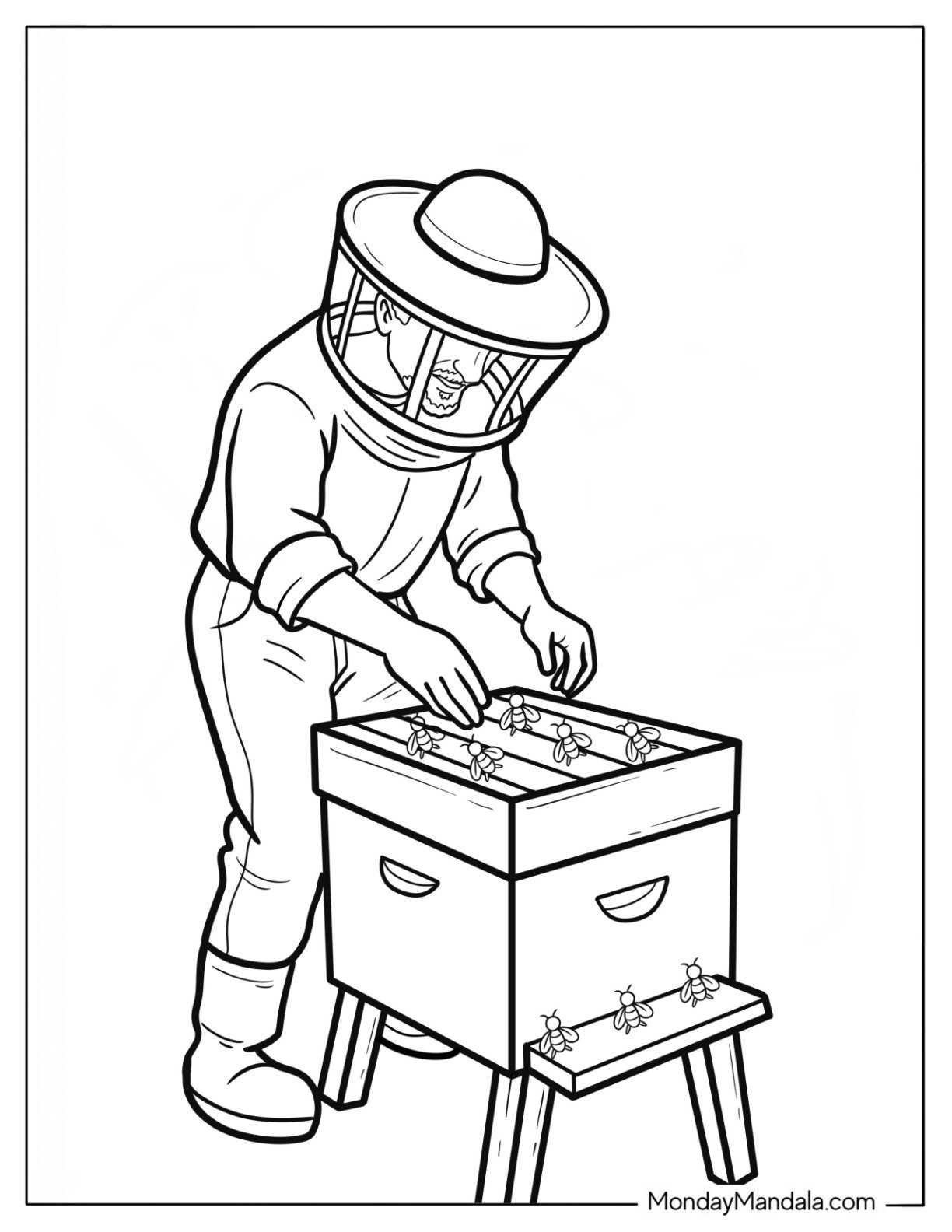 Easy Beekeeper Tending to a Hive on the Farm Coloring Page