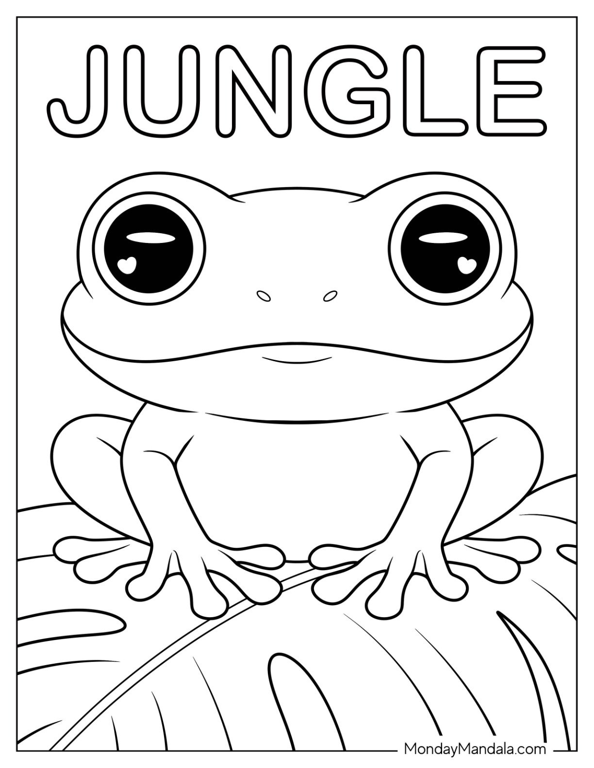 Easy Big Eyed Frog Sitting on a Leaf with Jungle Coloring Page for Preschoolers