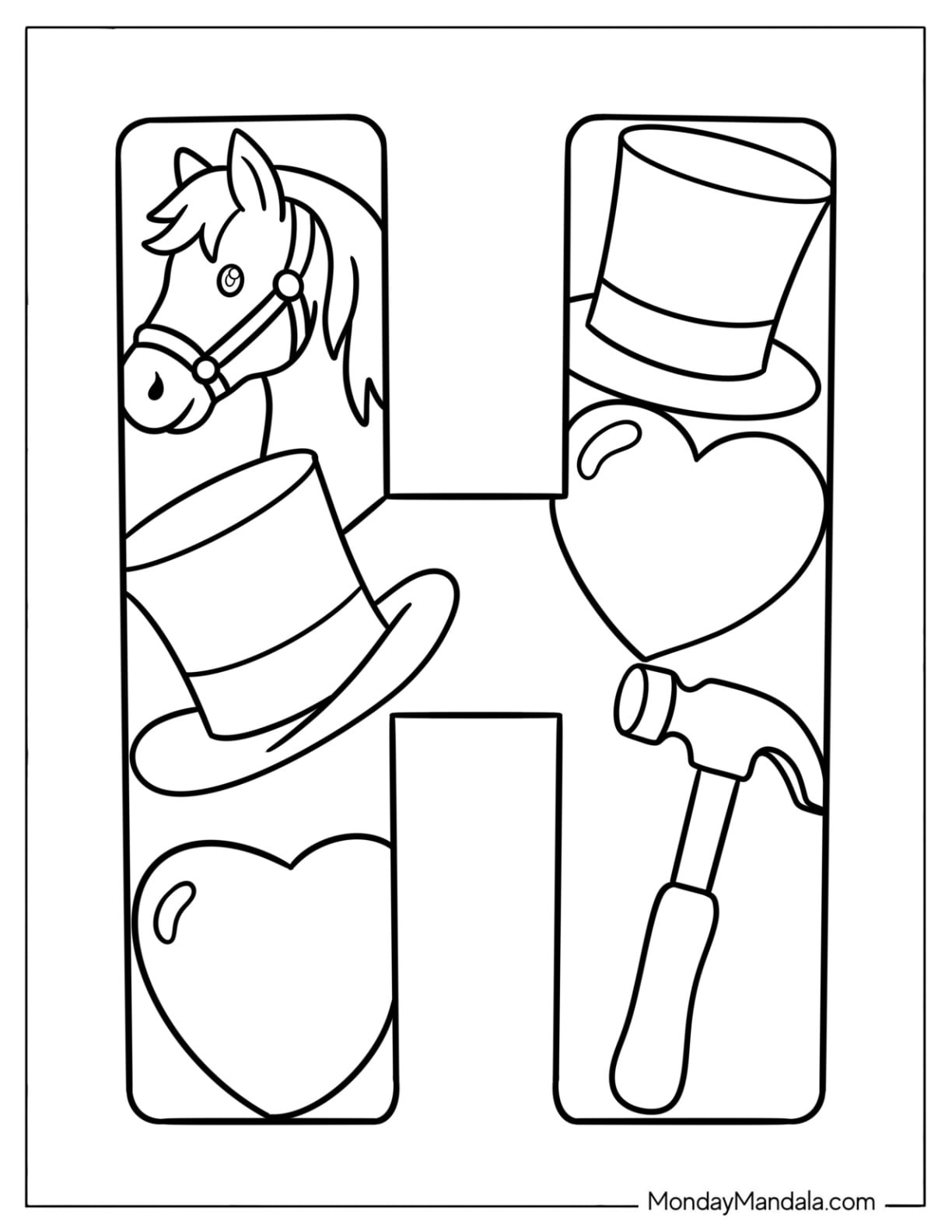 Easy Big Letter H Coloring Page with Horse, Hats, Hearts, and Hammer for Kids