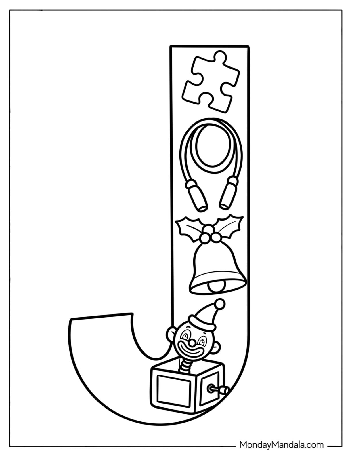 Easy Big Letter J Coloring Page with Jigsaw, Jump Rope, Jingle Bell, and Jack in the Box