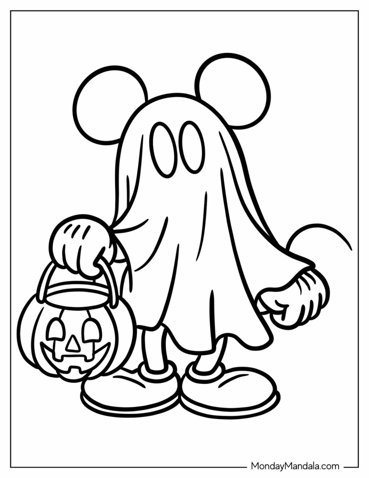 Disney Halloween Coloring Page of Easy Blanket Ghost Mickey Mouse with Candy Bag for Preschoolers