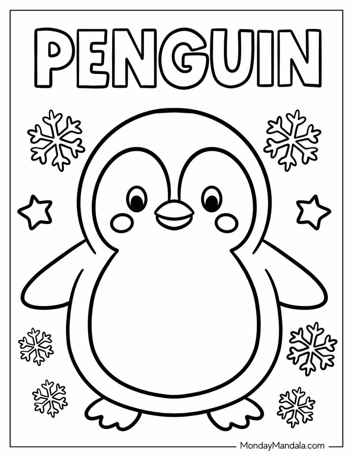 Easy Blushing Penguin Coloring Page with Snowflakes and Text for Preschoolers