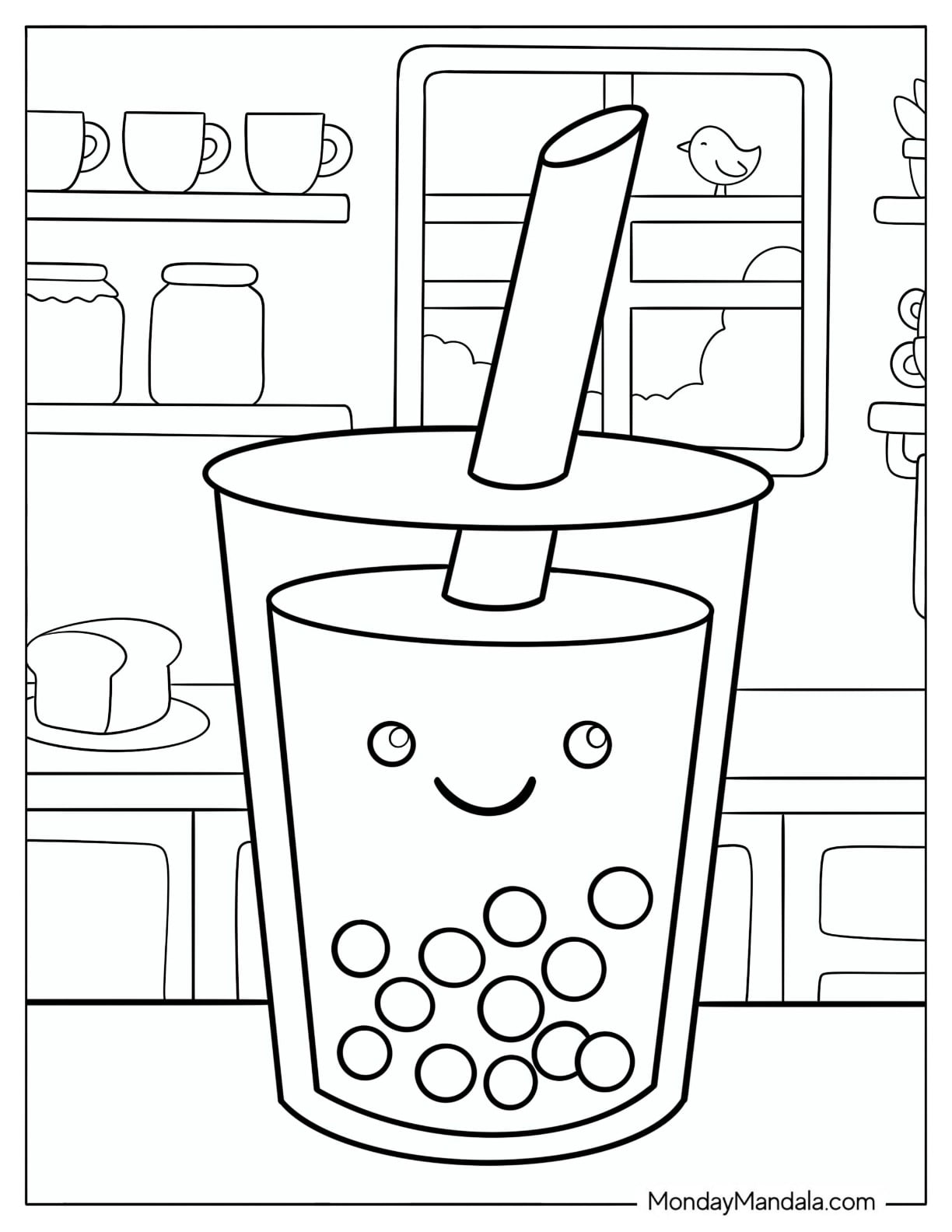 Easy Boba Drink with Straw on a Kitchen Counter Coloring Page