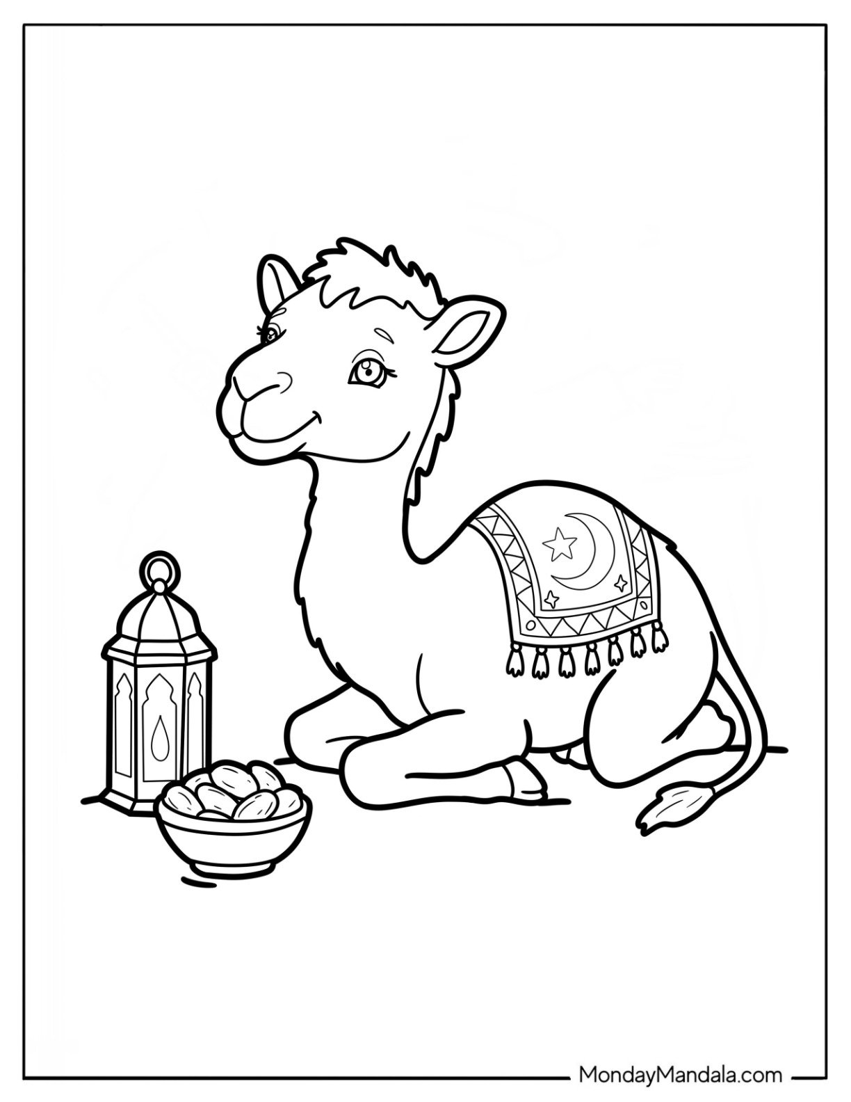 Easy Camel Sitting with a Lantern and Dates for Ramadan Coloring Page for Preschoolers