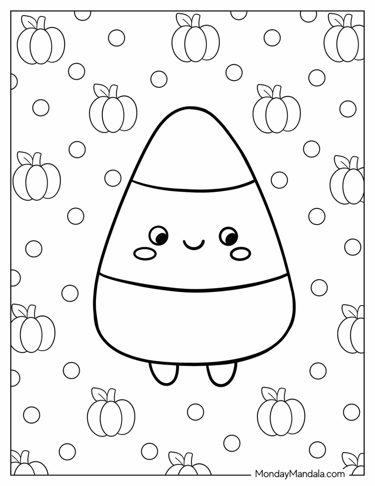 Easy Candy Corn with Polka Dots and Pumpkins Coloring Page for Kids