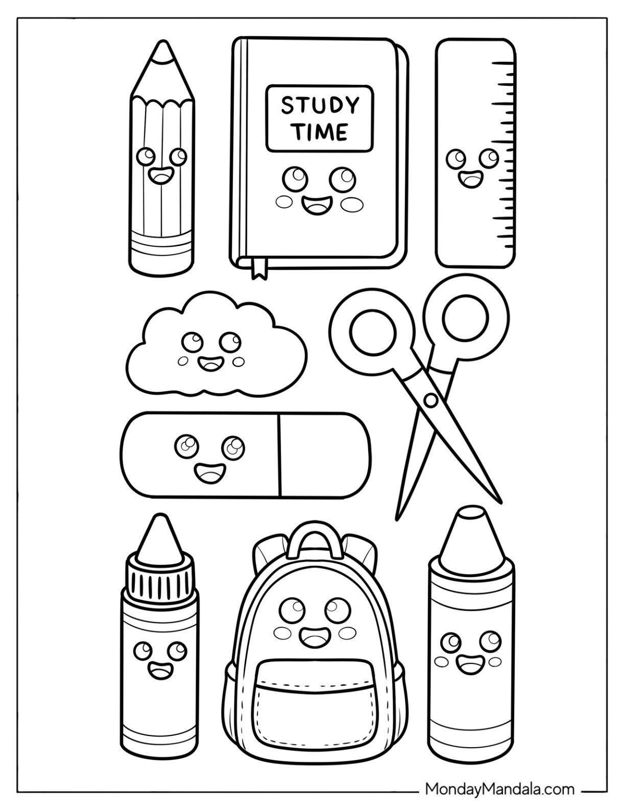 Easy Cartoon Back To School Coloring Page Materials for Preschoolers