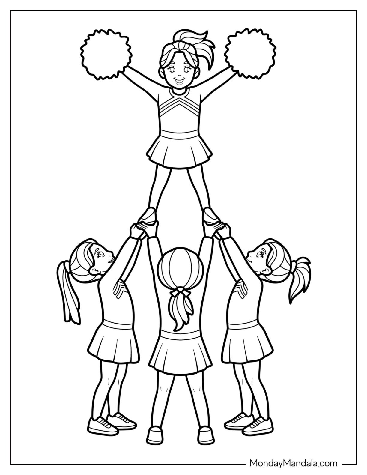 Cheerleading Coloring Page Of Easy Cheer Squad Lifts Flyer in High V Pose For Kids
