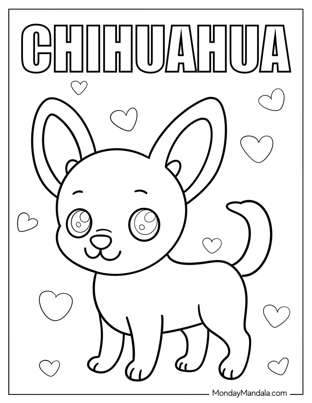 Easy Chihuahua Coloring Page with Love Hearts and Text for Preschoolers