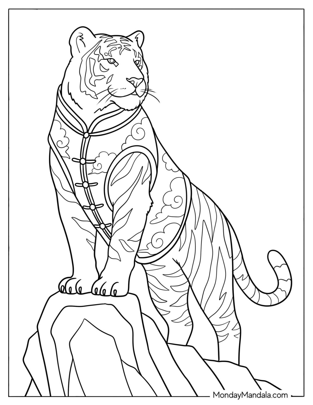 Chinese New Year Coloring Page of Easy Chinese Zodiac Tiger on a Rock for Kids