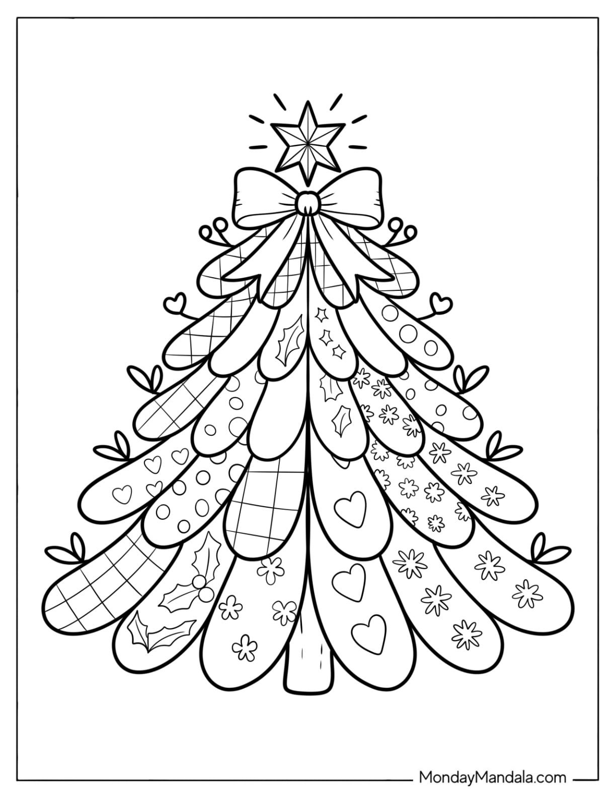 Easy Christmas Tree Coloring Page with a Bow and Sparkling Star