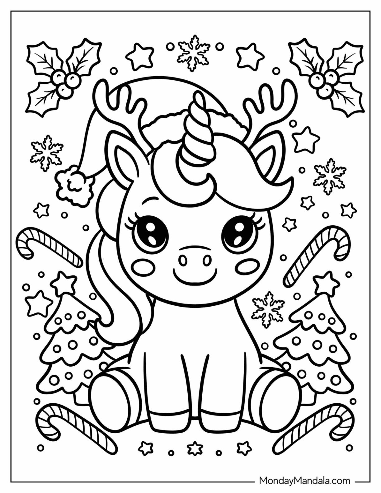 Easy Christmas Unicorn Coloring Page Surrounded by Candy Canes, Snowflakes, and Trees for Preschoolers