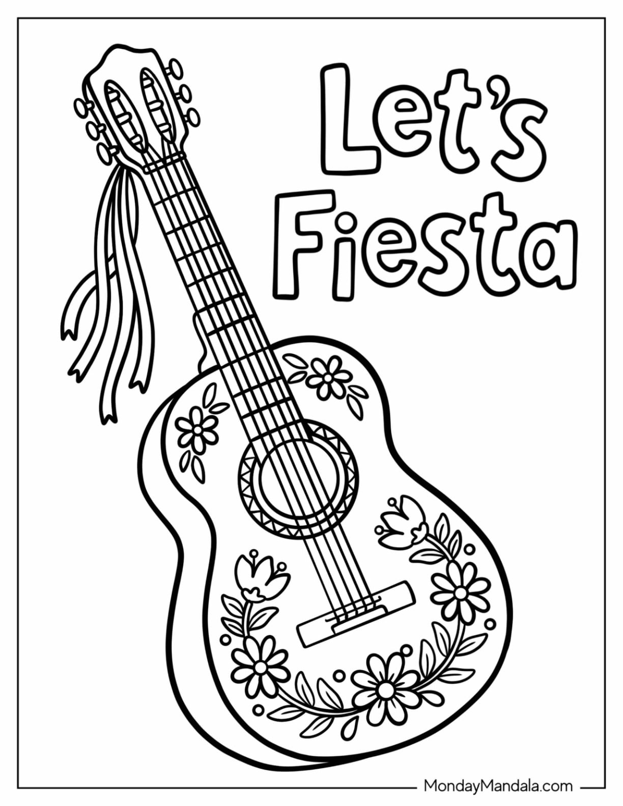 Easy Cinco De Mayo Let’s Fiesta Floral Guitar Coloring Page for Kids