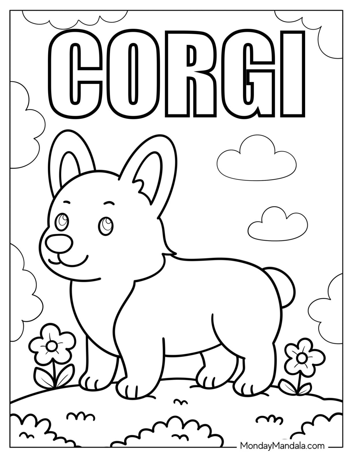 Easy Corgi Coloring Page Standing on a Hill with Text in the Sky for Preschoolers
