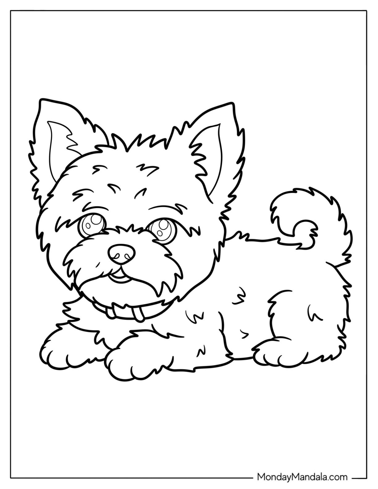 Easy Cute Yorkie Coloring Page in Spring Meadow For Preschoolers