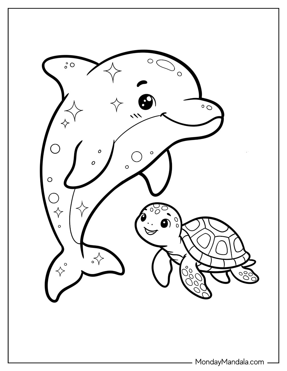 Easy Dolphin and Turtle Covered in Sparkles Coloring Page for Kids